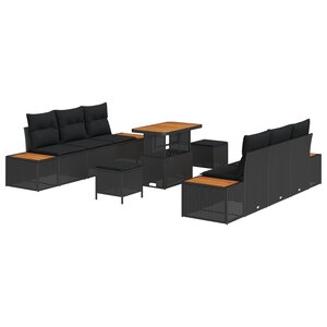 vidaXL Ensemble de Canapé de Jardin 9 Pièces avec Coussins - Poly Rattan Noir & Acacia