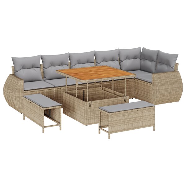 Ensemble de Canapés de Jardin de 9 Pièces avec Coussins Beige Rattan Acacia