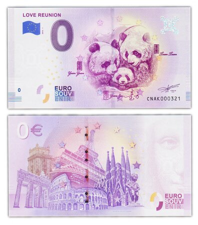 Billet de Collection 0 Euro souvenir 2018 Love Reunion - Chine - Neuf - Pandas - N°321