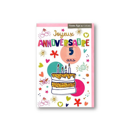 Carte De Voeux Enfant - Anniversaire - Age de 1 à 9 ans - Gâteau Bulle Rose