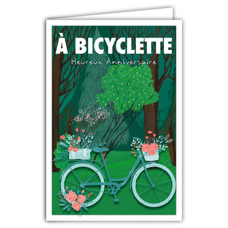 Carte Heureux Anniversaire - Enveloppe - pour Jeune Fille ou Femme - Mini Posters Format 17x11 5cm - Vélo Fleurs Forêt Promenade à Bicyclette Rétro Vintage - Fabriquée en France