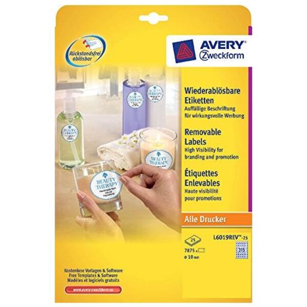 Etiquettes rondes enlevables stick+lift diamètre 10 mm blanc 315 x 25 feuilles avery zweckform