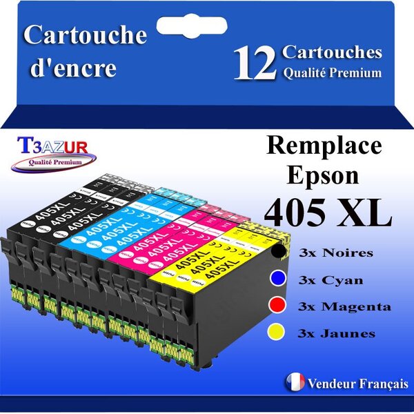 T3AZUR - 12x Cartouches compatibles avec Epson WorkForce Pro WF-7835DTWF  WF-7840DTWF (3Noires + 3Cyan + 3 Magenta + 3 Jaunes)