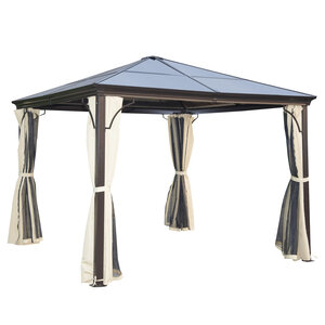 Tonnelle pavillon de jardin imperméable 4 parois latérales anti-UV 4 moustiquaires panneaux polycarbonate alu 3L x 3l x 2 6H m chocolat beige