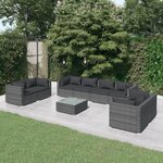 vidaXL Salon de jardin 9 Pièces avec coussins Résine tressée Gris