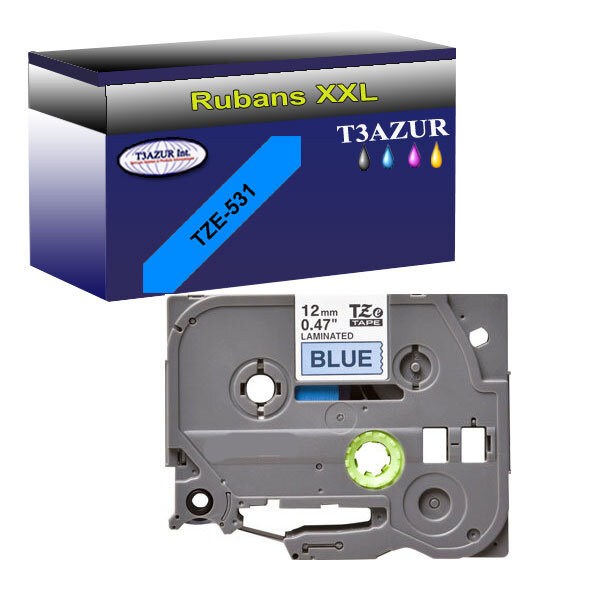 Ruban pour étiquettes laminées générique Brother Tze-531 pour étiqueteuses P-touch - Texte noir sur fond bleu - T3AZUR