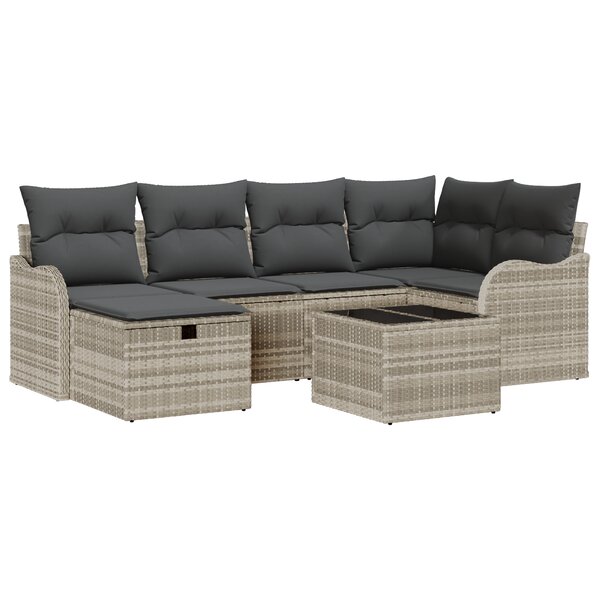 Ensemble de canapés de jardin de 7 pièces avec coussins gris clair poly rotin