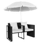 vidaXL Lit de jardin avec parasol Noir Résine tressée