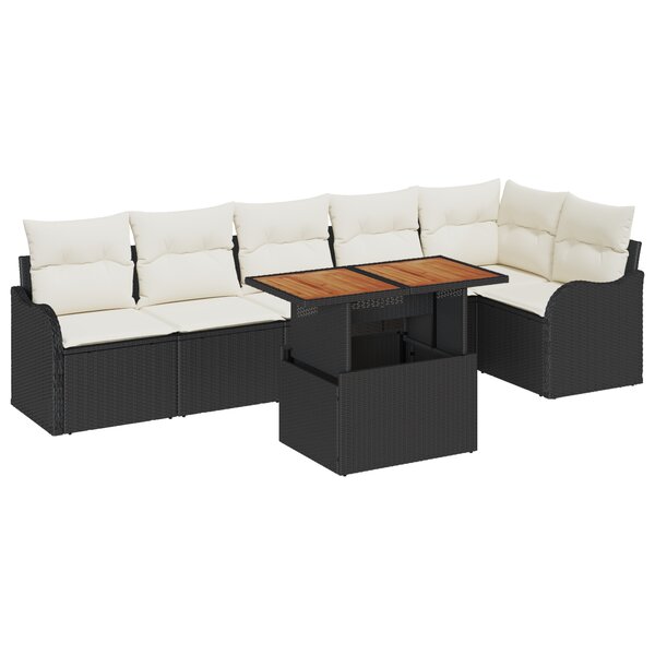 Ensemble de canapé de jardin 7 pièces avec coussins Rotin Poly Noir