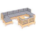 vidaXL Salon de jardin 10 Pièces avec coussins gris bois de pin massif