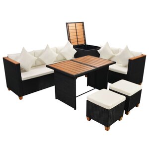 vidaXL Salon de jardin 7 Pièces avec coussins Résine tressée Noir