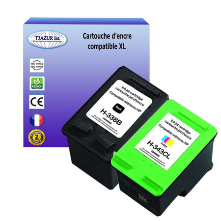 1+1 Cartouches compatibles avec HP OfficeJet 7408, 7410, 7410xi, 7413, H470, H470b, H470wbt, K7100, K7103, K7108 remplace HP 338, HP343- T3AZUR