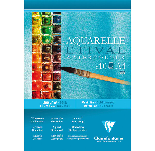 Bloc 10 feuilles Aquarelle encollé A4 Etival Grain fin 200g CLAIREFONTAINE
