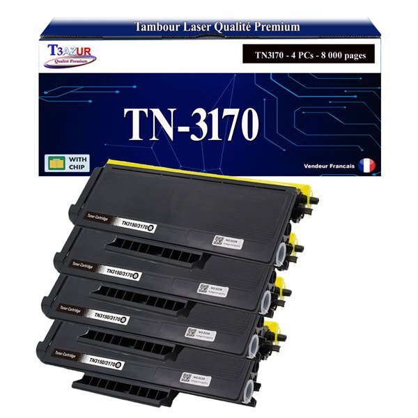 T3AZUR - 4x Toners compatibles  avec Brother TN3170 pour Brother DCP8060 DCP8065DN HL5200 HL5240 HL5240L HL5250 HL5250DN HL5270 HL5270DN HL5280DW MFC8460N MFC8860DN MFC8870DW Noir