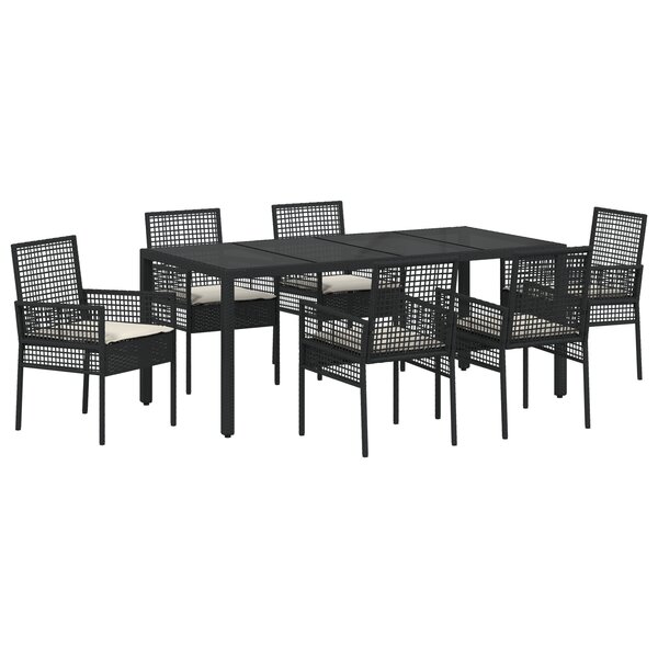 Ensemble de Salle à Manger de Jardin 7 pièces avec Coussins en Poly Rattan Noir