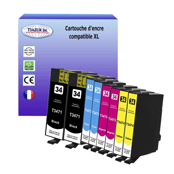 8 Cartouches Compatibles pour Epson T3471 / T3472 /  T3473 /  T3474 (34XL) - T3AZUR