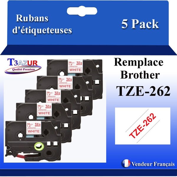 5x Rubans d'étiqueteuses compatibles avec Brother Tze262 Tze-262 pour étiqueteuses P-touch - Texte rouge sur fond blanc - Largeur 36 mm x 8 mètres - T3AZUR