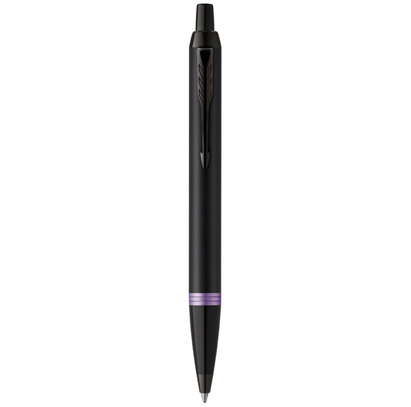 Stylo bille Parker IM Vibrant Rings  Satin noir laqué  attributs violet améthyste  recharge bleue pointe moyenne  Coffret cadeau