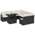 Canapé de jardin 9 pièces avec coussins noir en rattan synthétique