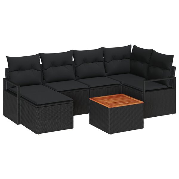Ensemble de canapé de jardin de 7 pièces avec coussins noir poly rotin acacia