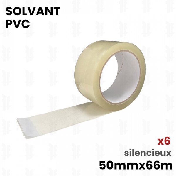 6 rubans adhésifs Transparent PVC 32µ solvant 50mm x 66m
