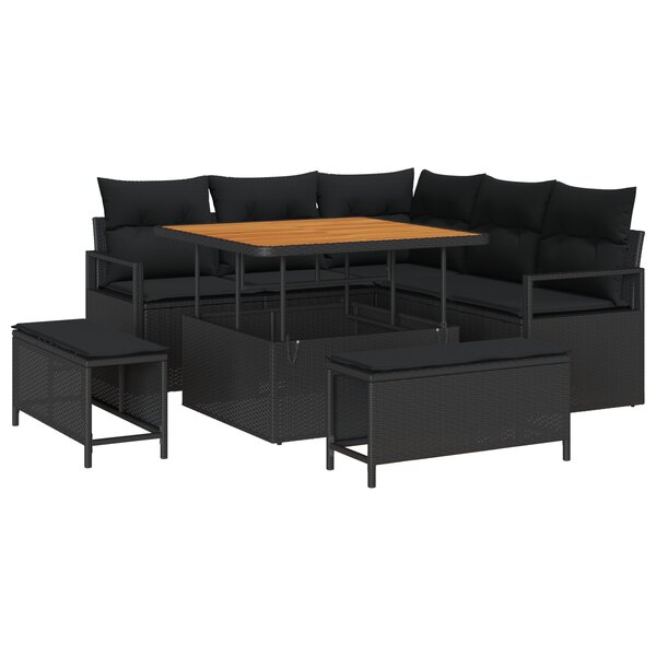 vidaXL Ensemble de Canapés de Jardin 8 Pièces avec Coussins Noir Poly Rattan Acacia