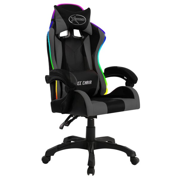 Chaise fauteuil siège pivotante de bureau informatique étude de jeux vidéo avec LED RVB et similicuir gris 02_0024206