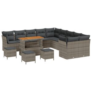 vidaXL Ensemble de canapé de jardin 14 pièces avec coussins poly rotin gris acacia