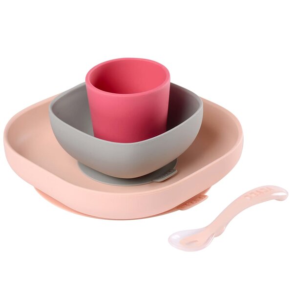 Beaba Service de repas 4 Pièces Silicone Rose et corail