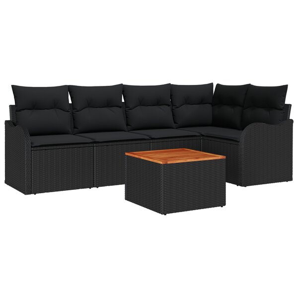 Ensemble de Canapé de Jardin 6 Pièces avec Coussins Noir Poly Rattan Acacia