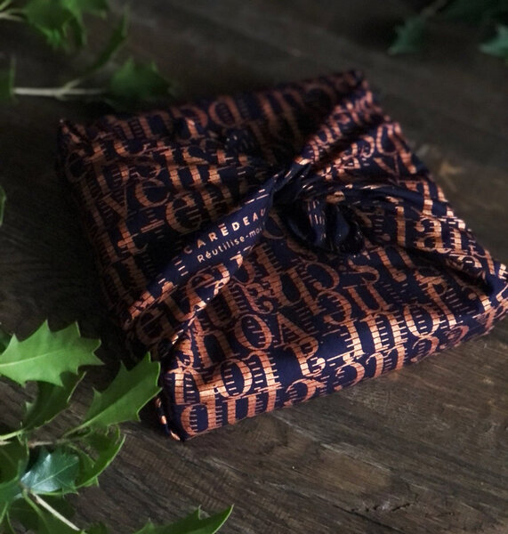 Papier cadeau réutilisable - Le Cigale et La Fourmi (bleu nuit) 35x35cm Furoshiki Mat 100 Coton