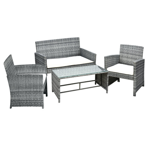 Outsunny Ensemble salon de jardin 4 places : canapé  2 fauteuils et table basse plateau verre trempé résine tressée imitation rotin gris coussins crème