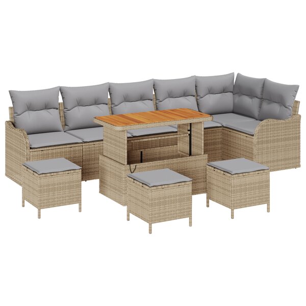 Set de sofa de jardin de 10 pièces avec coussins en beige poly rotin