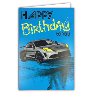 Carte FLUO Happy Birthday to you Voiture de Sport avec Enveloppe 12x17,5cm