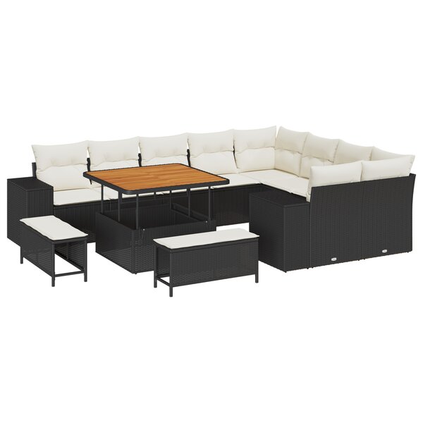 Ensemble de Canapés de Jardin en 12 pièces avec Coussins Noir Poly Rattan Acacia