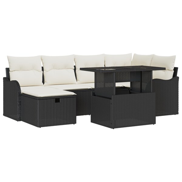 Ensemble de canapés de jardin 7 pièces avec coussins Noir Poly Rotin