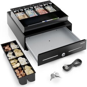 ACROPAQ Tiroir Caisse 9032K- Compatible avec Caisse Enregistreuse RJ11 34x33x10 cm-4 compartiments Monnaie & 8 billets-Métal