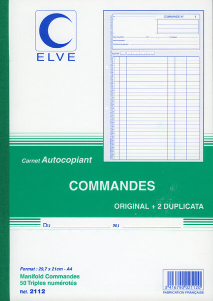 Manifold COMMANDES 297 x 210 mm 50 Feuillets Tripli ELVE