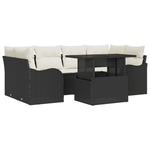 Set de canapé de jardin 7 pièces avec coussins en poly rotin noir