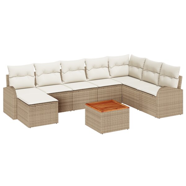 vidaXL Set de canapé jardin 9 pièces avec coussins Beige Poly Rotin Acacia