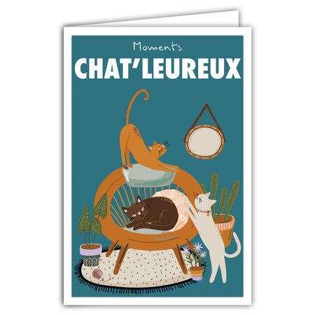 Carte CHATS avec Enveloppe - Affichette Mini Poster Format 17x11 5cm Style Rétro Vintage Illustration Graphique - Moments Chaleureux Esprit Cocooning Décoration d'intérieure Plantes