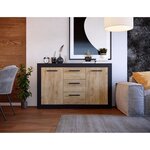 Buffet 2 Portes + 3 Tiroirs - Mélaminé chêne rustique et noir - 147 x 37 x 89 cm