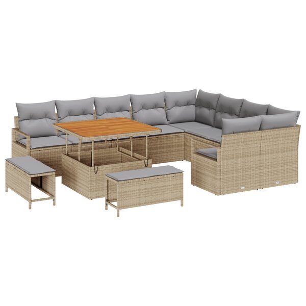 Ensemble de canapé de jardin vidaXL 12 pièces avec coussins beige en poly rotin acacia