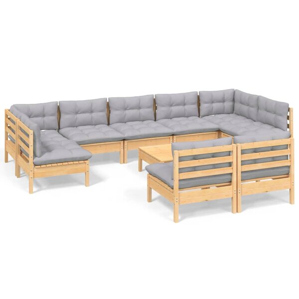 vidaXL Salon de jardin 10 Pièces avec coussins gris bois de pin massif