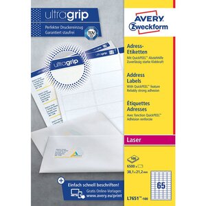 Mini-étiquettes de rangement multi-usages pour imprimantes laser, 38,1 x 21,2 mm, 100 feuilles, 65 étiquettes par feuille, auto-adhésives, blanc (paquet 6500 unités)