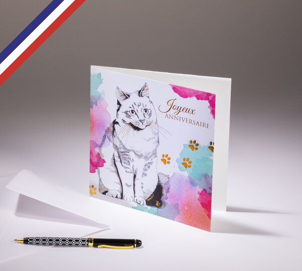 Carte double florilège créée et imprimée en france - joyeux anniversaire chat