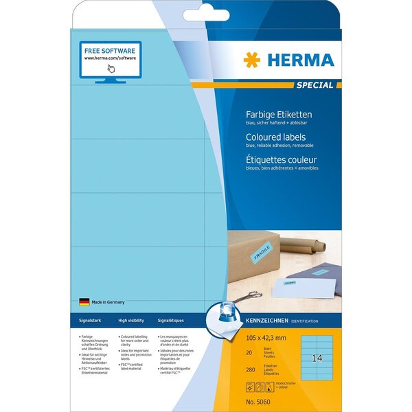 Étiquettes superprint, 105 x 42,3 mm, sans bord, bleu, 20 feuilles a4 herma