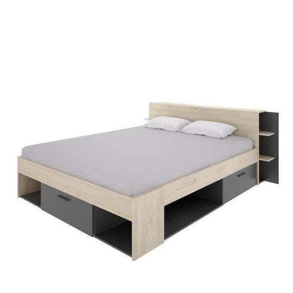 Lit adulte 160 x 200 cm - 3 tiroirs + Tête de lit avec rangement - Décor chêne et anthracite
