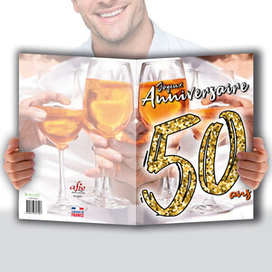 MAXI Grande Carte Géante XXL pour ANNIVERSAIRE 50 ANS Mixte H/F + Enveloppe format 32x23cm - Chiffres Nombre Doré Fêter Trinquer à la Santé au Bonheur Spritz Apéro - Fabriqué en France MX-5050