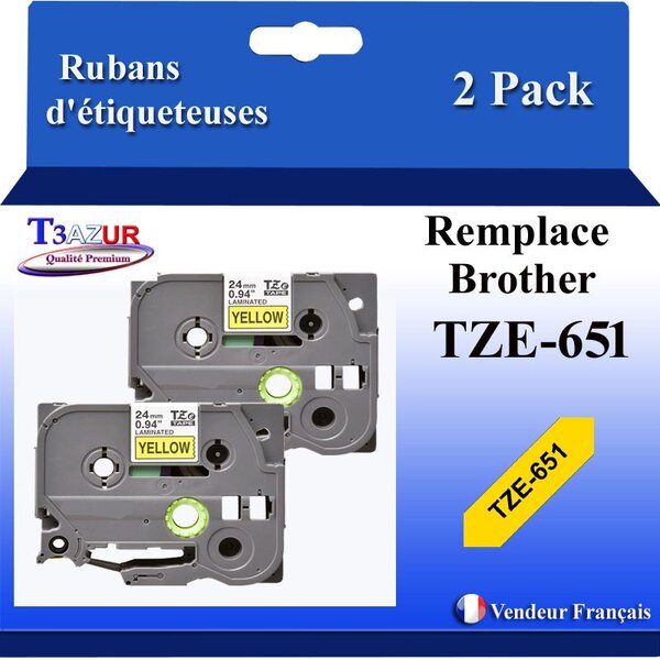 2x Rubans d'étiqueteuses compatibles avec Brother Tze651 Tze-651 pour étiqueteuses P-touch - Texte noir sur fond jaune
